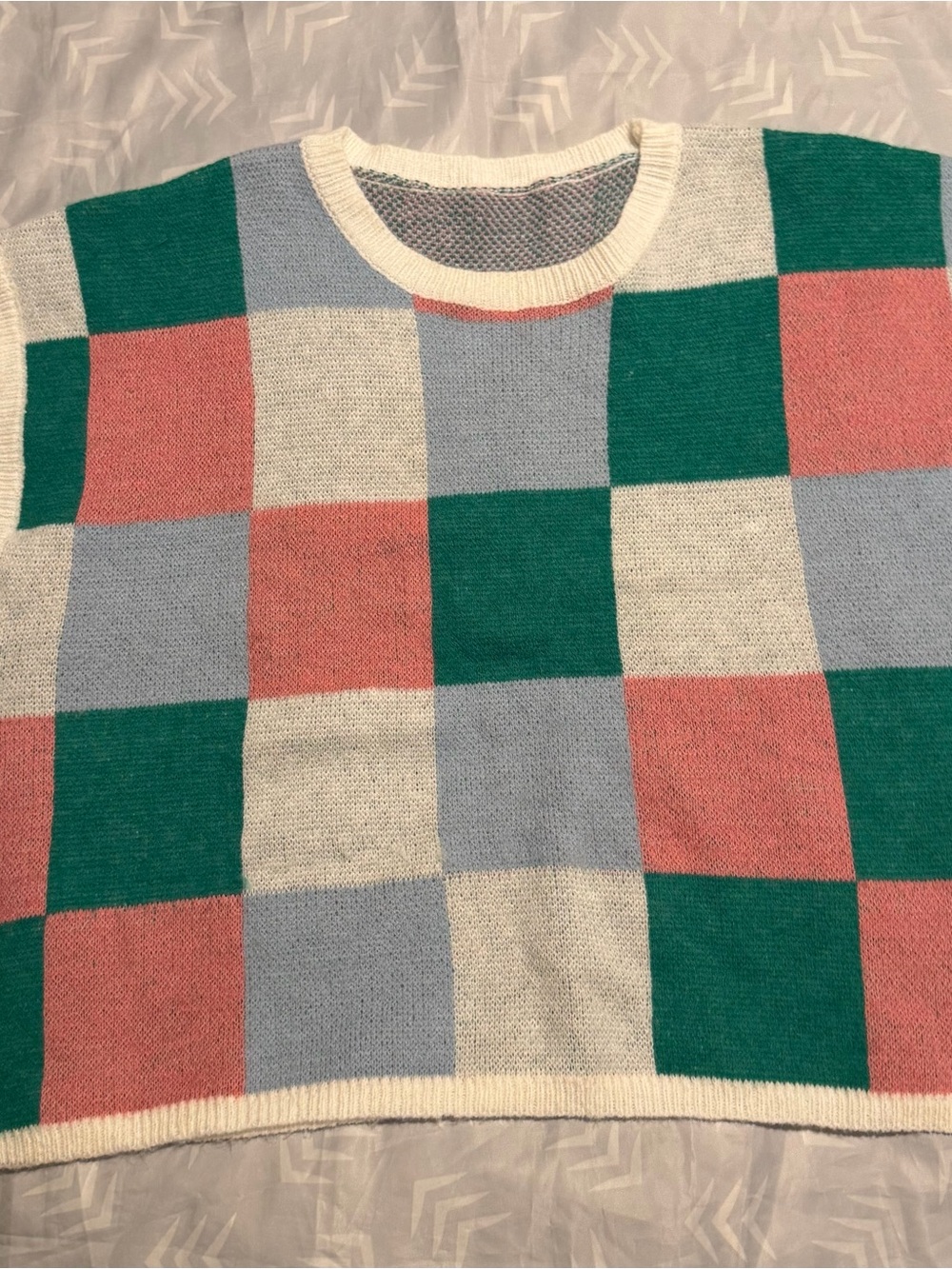 SHEIN Green Pink Blue Checkerboard Crewneck Sweater